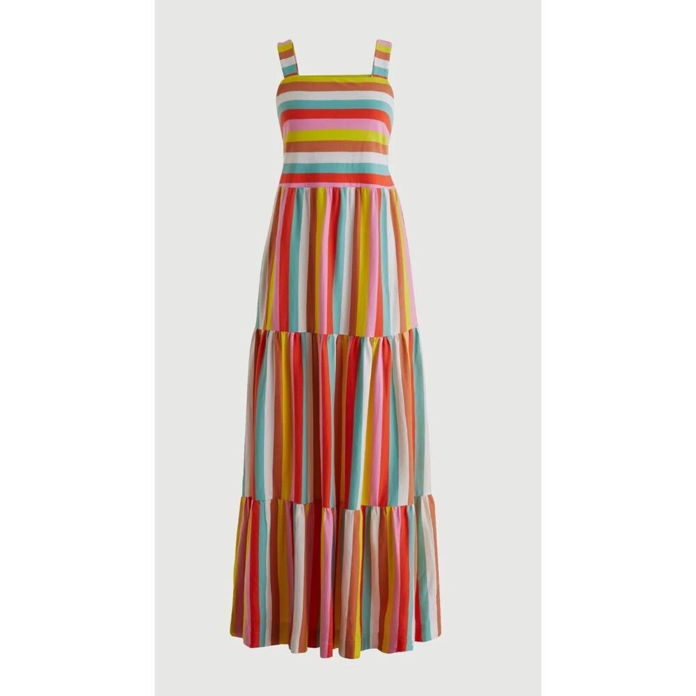 J. Crew Rainbow Stripe Tiered Maxi Dress Cotton Sleeveless Sundress Size Small